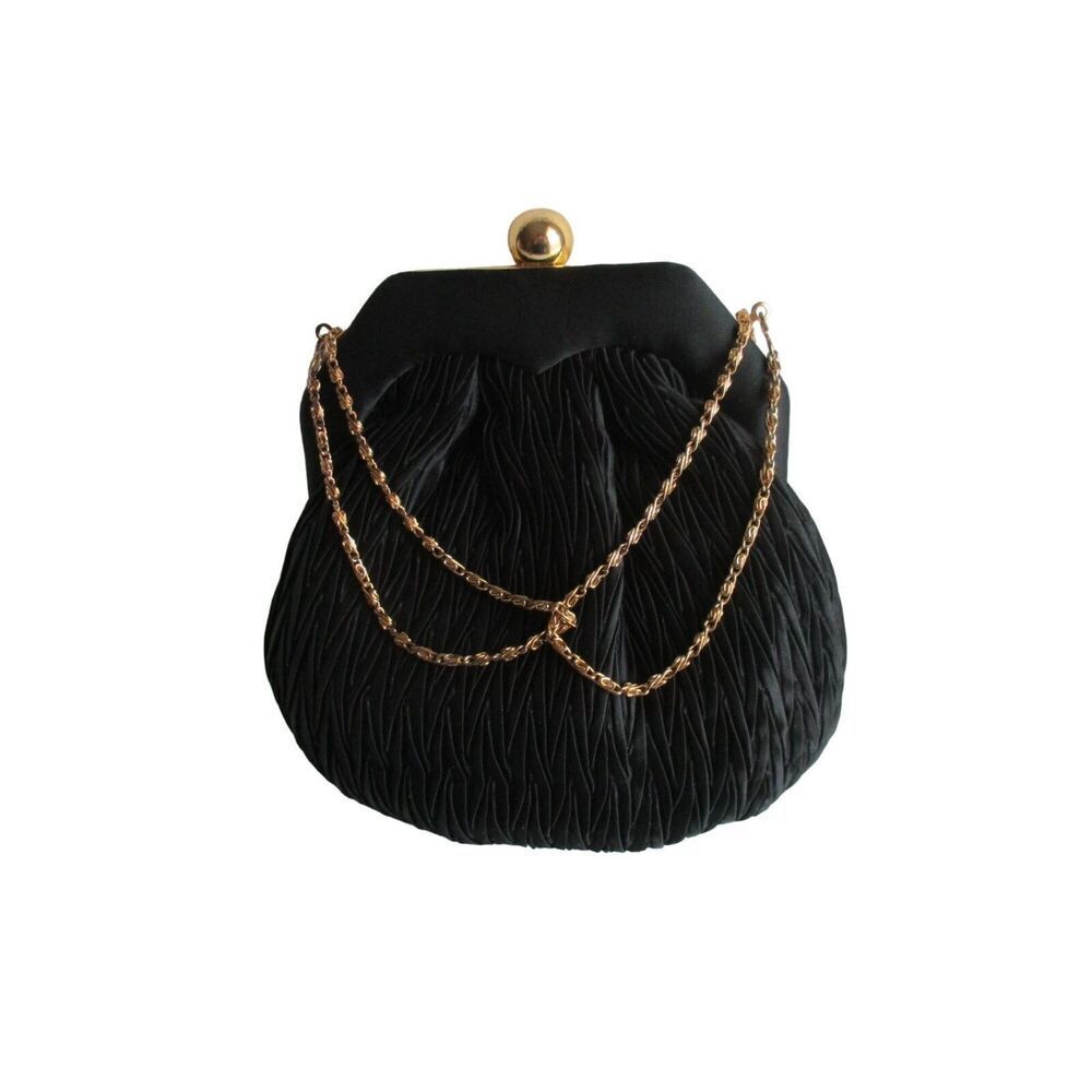 Shals Vintage Black Peau de Soie Clutch Pleated Evening Bag w Chain Strap